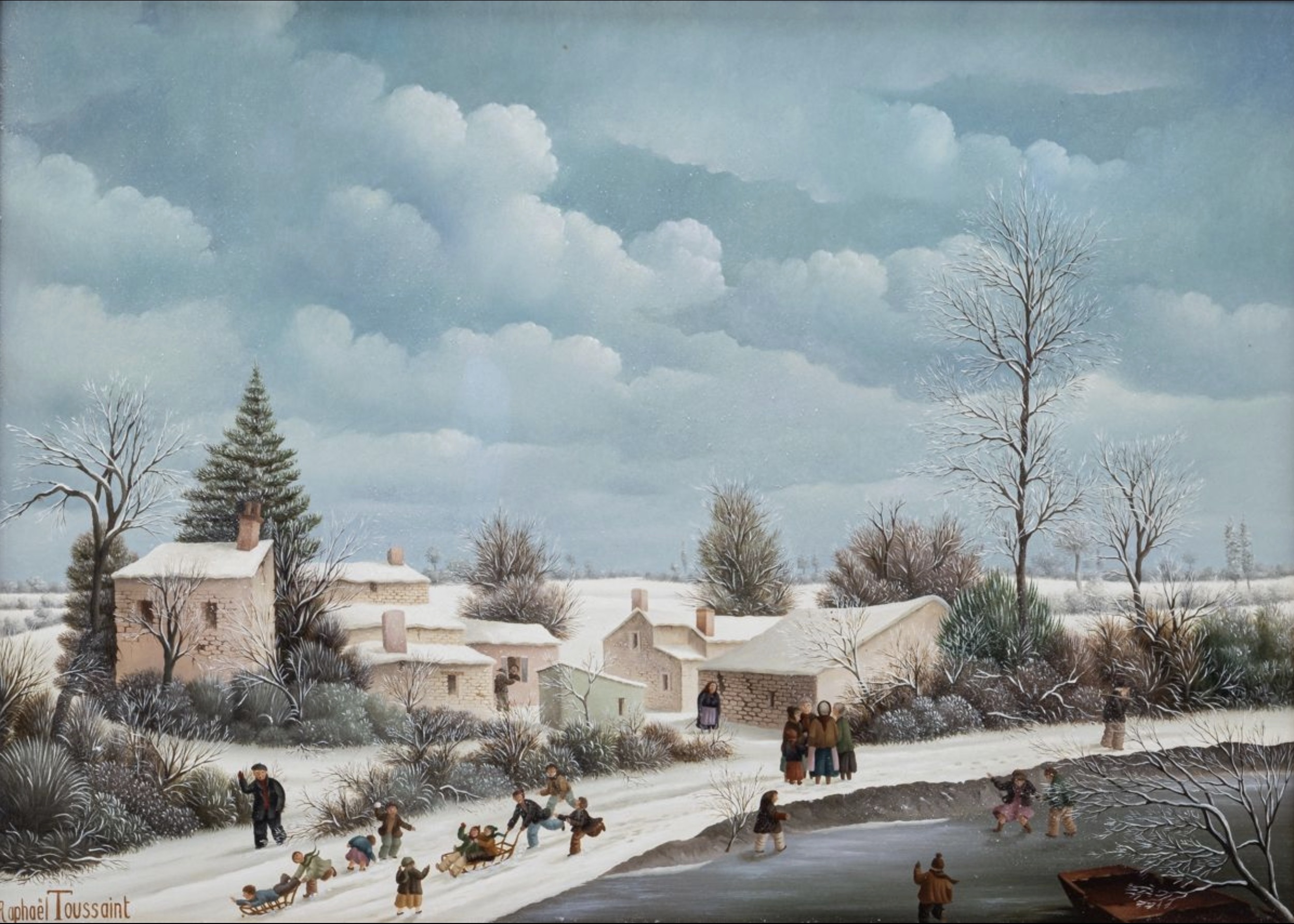 Village sous la neige- La course de traineaux-1979-33x46cm