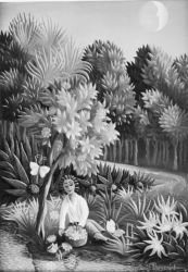 (113)- Jeune Fille sous l'arbre en fleurs-1972- hsb 18x12 cm. (113)- Jeune Fille sous l'arbre en fleurs-1972- hsb 18x12 cm.