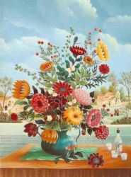(272)- Bouquet au paysage ou au vase vert. 1976-35x24 cm (272)- Bouquet au paysage ou au vase vert. 1976-35x24 cm