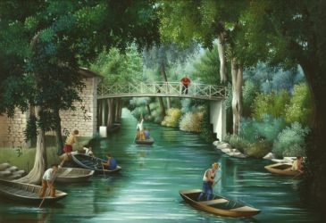 (679)- La petite passerelle blanche sur la Venise verte-1990-hsb 24x35 cm. (679)- La petite passerelle blanche sur la Venise verte-1990-hsb 24x35 cm.