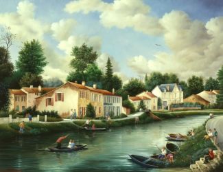 (685)- sur le Grand Canal - Coulon - Dans le Marais Poitevin-1991-hsb 50x65 cm. (685)- sur le Grand Canal - Coulon - Dans le Marais Poitevin-1991-hsb 50x65 cm.